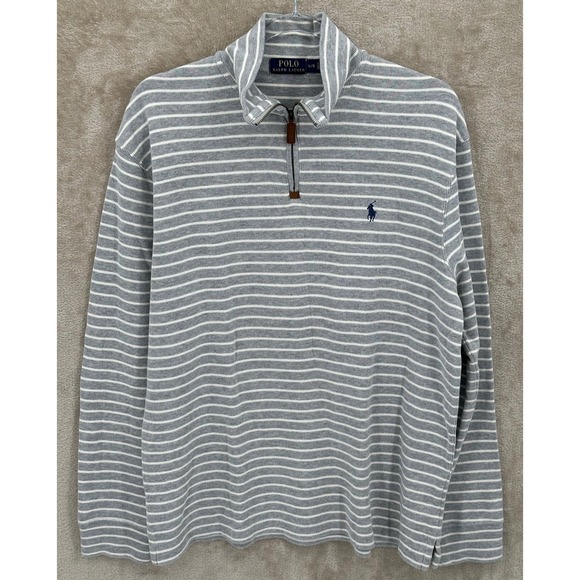 Polo Ralph Lauren Sweater Mens Large Striped 1/4 Zip Pullover Knit Preppy Cotton - Picture 1 of 7